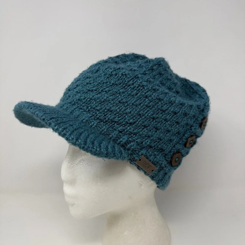 Mountain Hardwear Teal Blue Chunky Knit Visor Beanie Hat with Buttons Logo Large